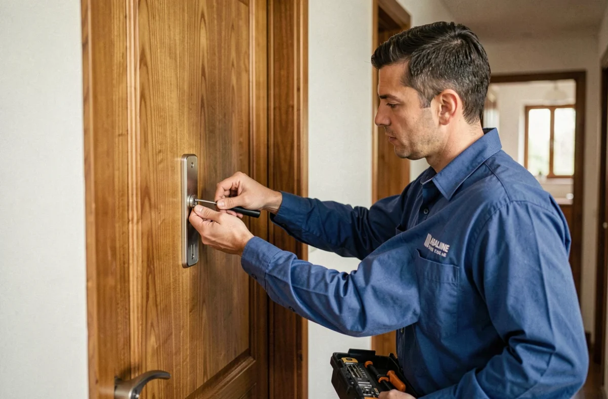 Serrurier Abaline Toulouse réglant un système de fermeture multipoints sur une porte en bois massif