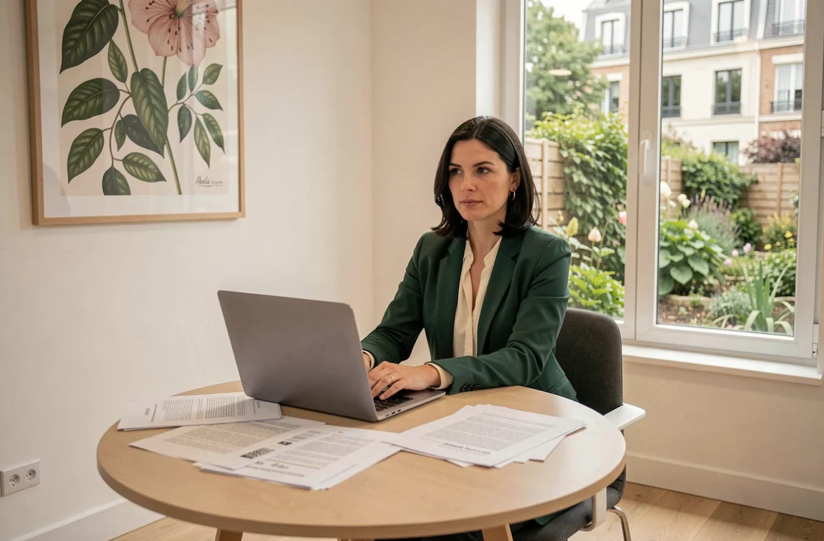 Une avocate du cabinet Abelia Avocats en blazer vert consulte des documents dans une salle de réunion moderne à Nantes