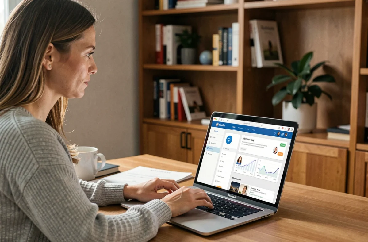 Femme membre connectée à un espace réservé sur son ordinateur portable dans un bureau à domicile moderne