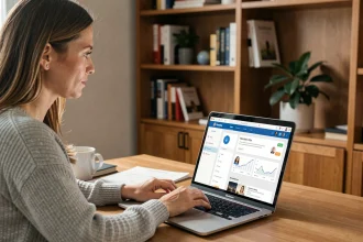 Femme membre connectée à un espace réservé sur son ordinateur portable dans un bureau à domicile moderne