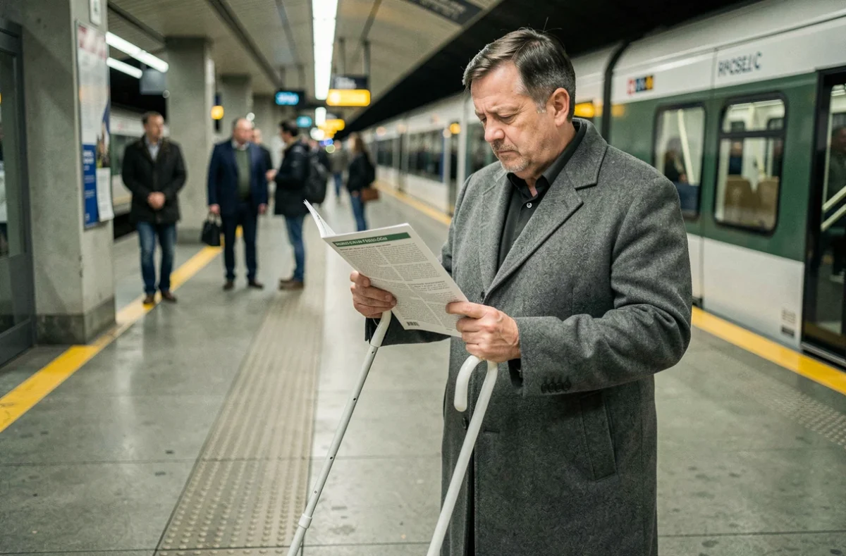 Un homme malvoyant avec une canne blanche consulte une brochure d'accessibilité en braille sur un quai de RER à Paris