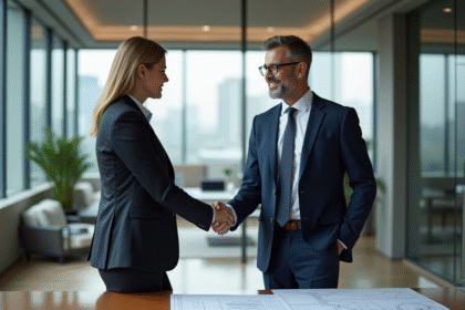 Homme d'affaires en costume bleu serre la main d'une agente immobiliere