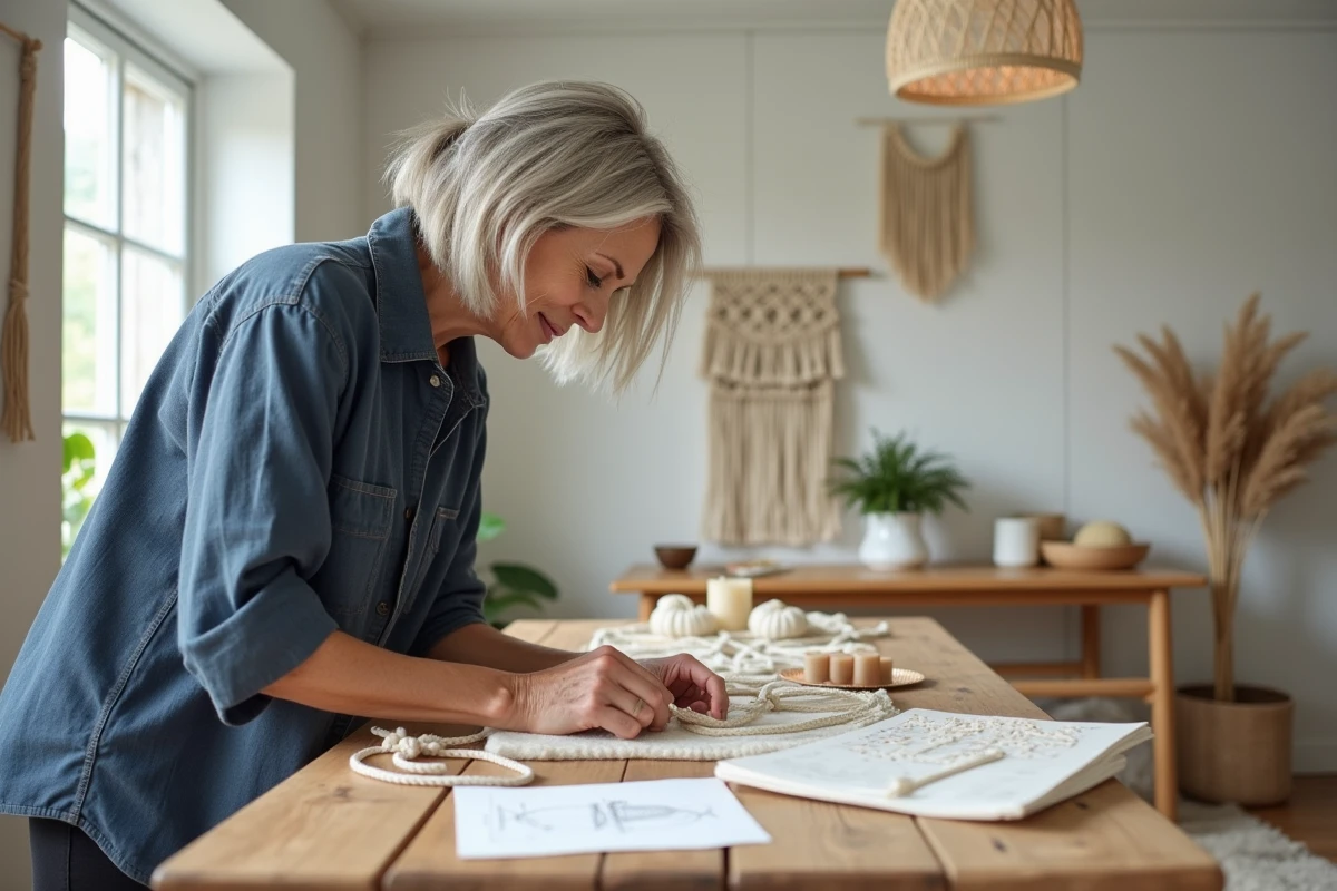 Femme adulte réalisant un macramé moderne DIY à la maison, tendance créative textile populaire en 2026