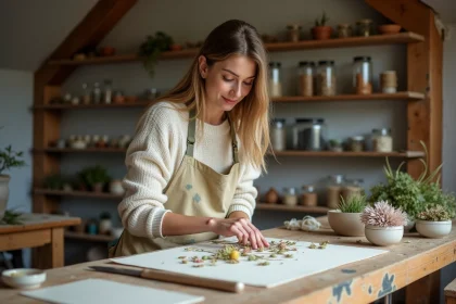 Femme adulte pratiquant le pressage botanique DIY dans un atelier rustique en 2026, tendance créative artisanale