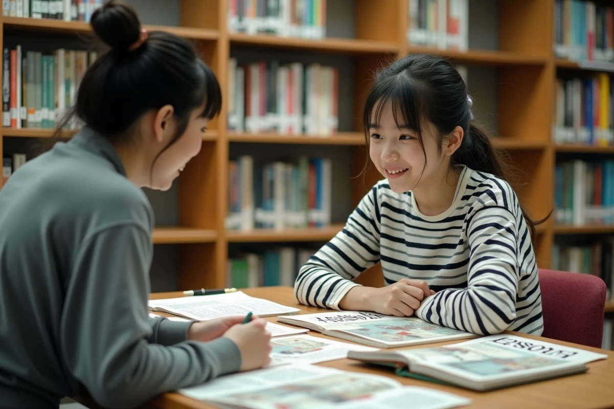 Adolescente et bibliothécaire discutant de mangas Epsilon dans une bibliothèque publique