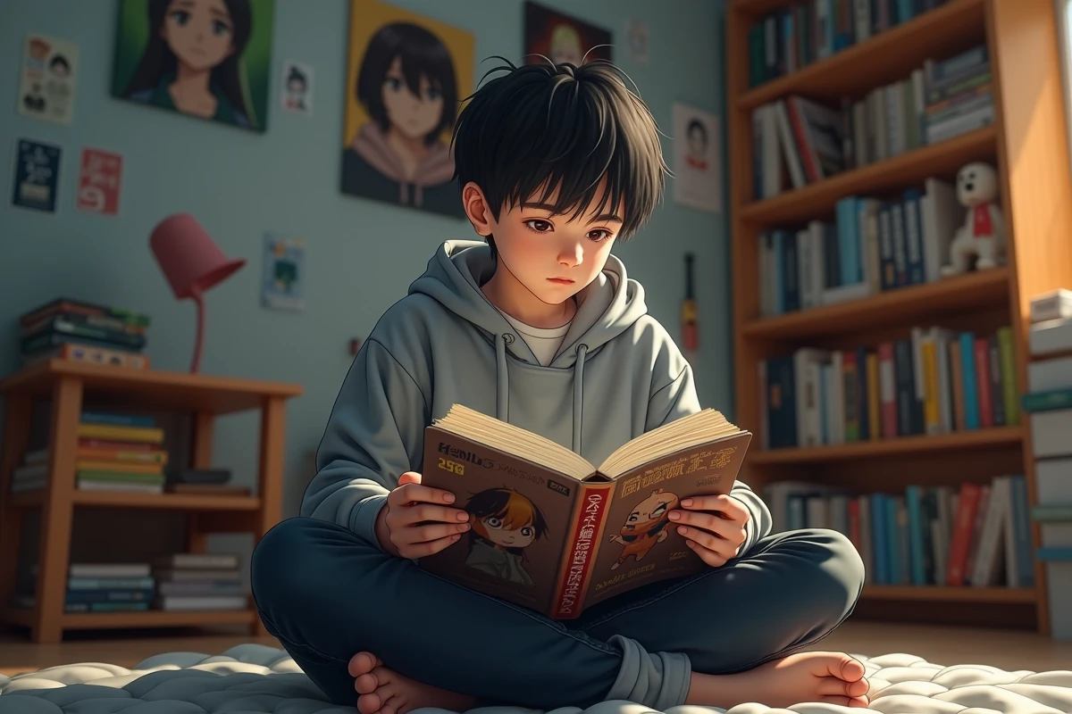 Adolescent lisant un manga Epsilon dans sa chambre entourée d'affiches d'anime et d'étagères remplies de volumes