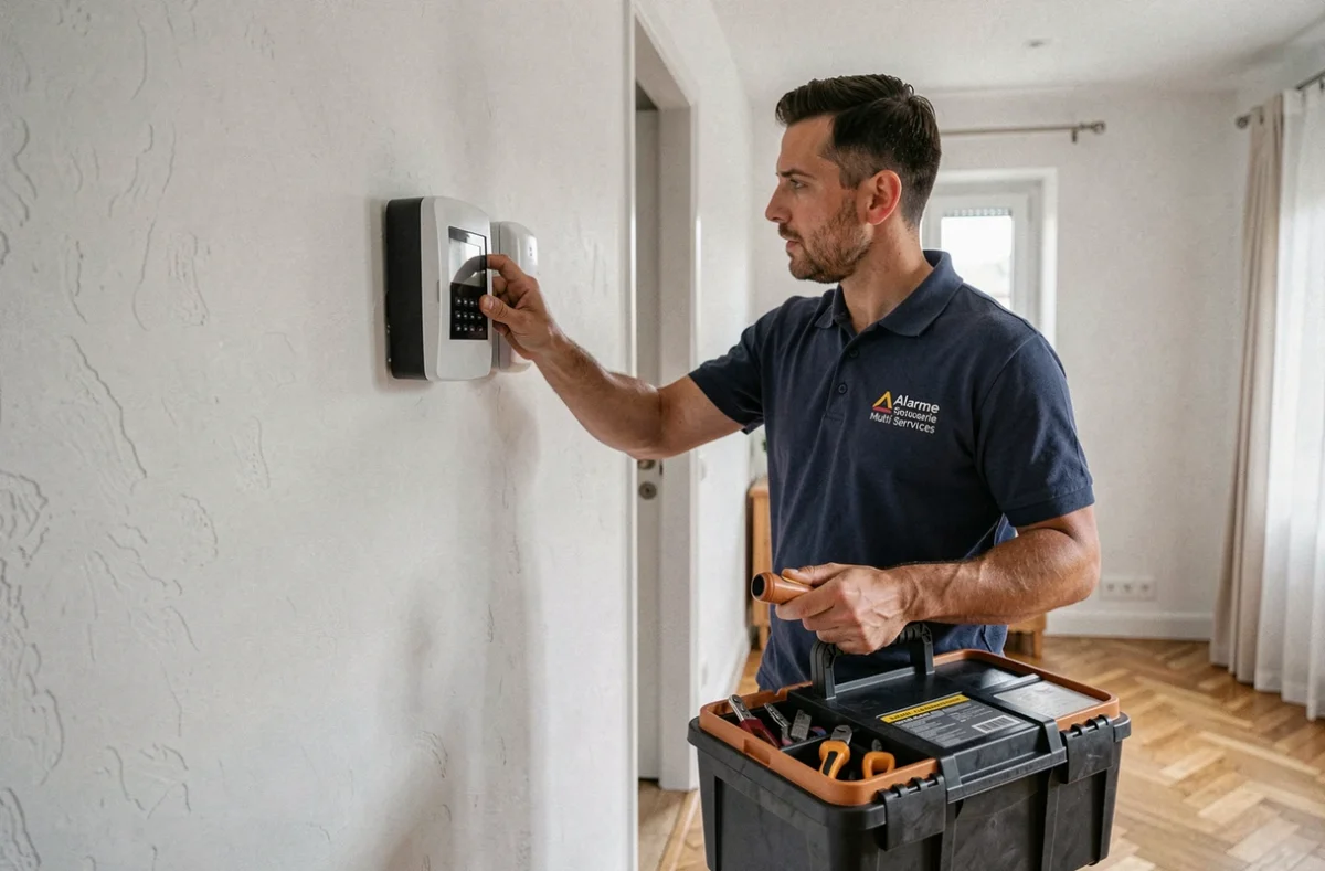 Technicien de l'Alarme Serrurerie Toulousaine Multi Services installant un système d'alarme dans un appartement
