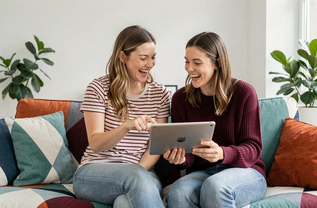 Deux amies riant ensemble en consultant des messages de remerciement en espagnol sur une tablette dans un salon moderne
