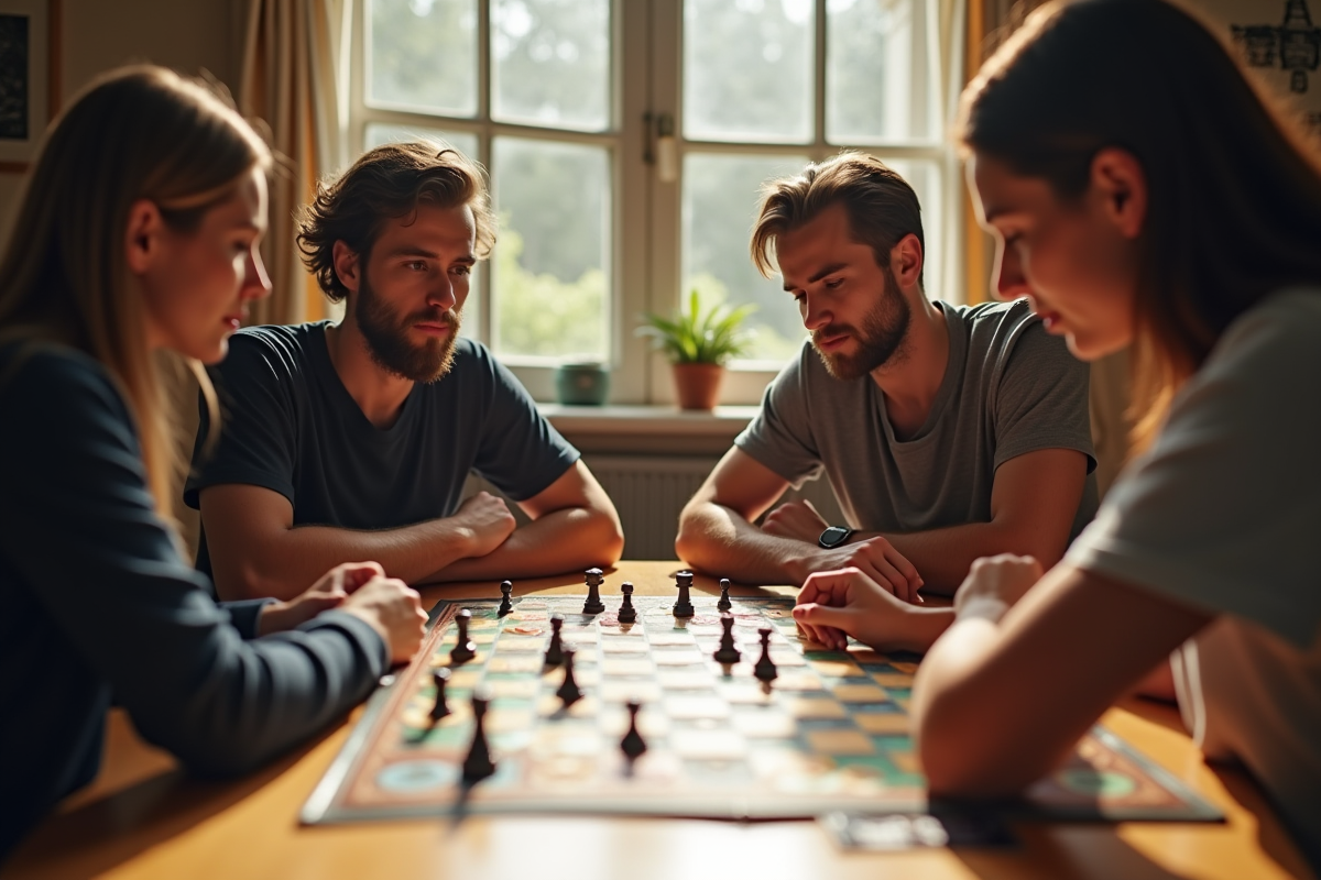 Quatre amis jouent à un jeu de société stratégique en famille