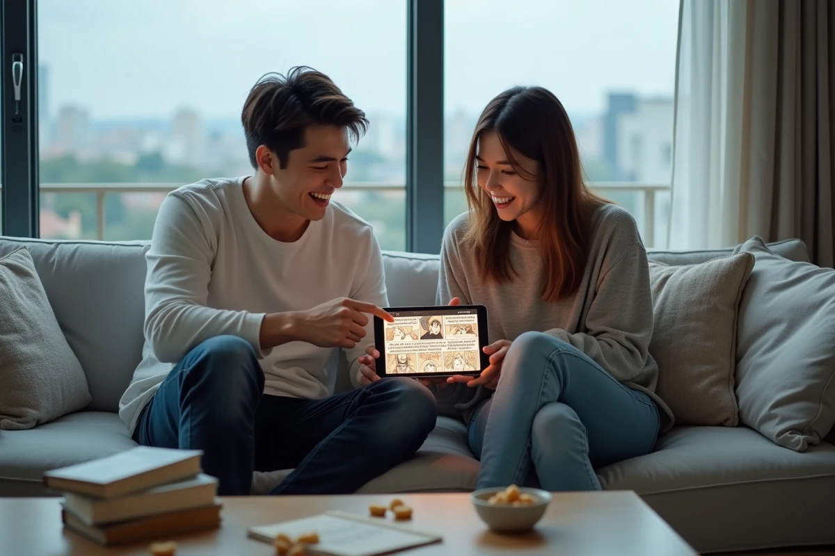Deux amis partageant la lecture du scan One Piece en VF sur une tablette dans un salon moderne