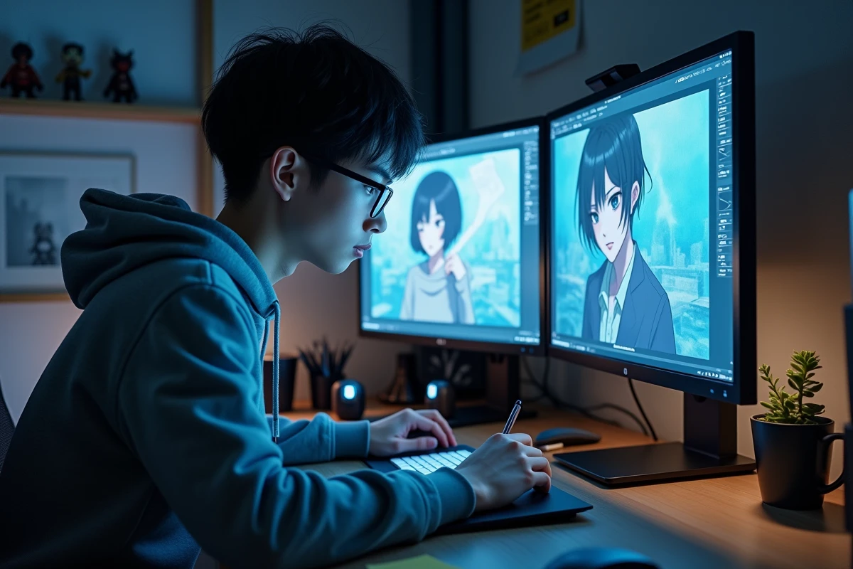 Animateur japonais travaillant sur un logiciel de conception de personnages pour un anime dark fantasy, illustrant le processus de production numérique de Tengoku Daimakyou saison 2