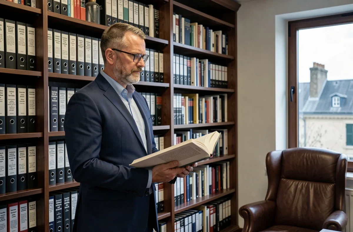 Un avocat du cabinet Antigone Avocats debout devant une bibliothèque juridique imposante dans les bureaux nantais du cabinet