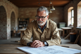 Architecte en khaki examinant des plans dans une maison ancienne