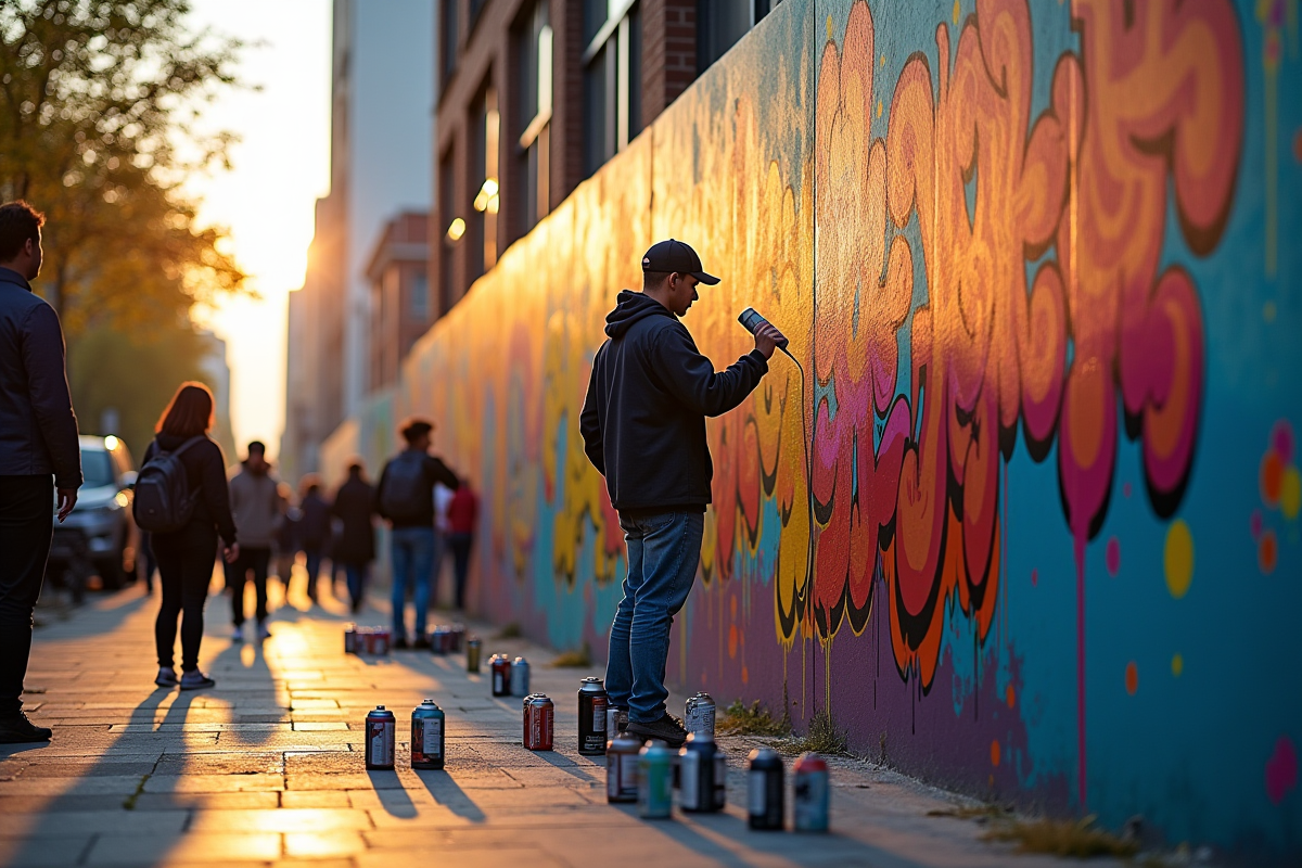 Art de rue avec un muraliste peignant un graffiti expressif en ville