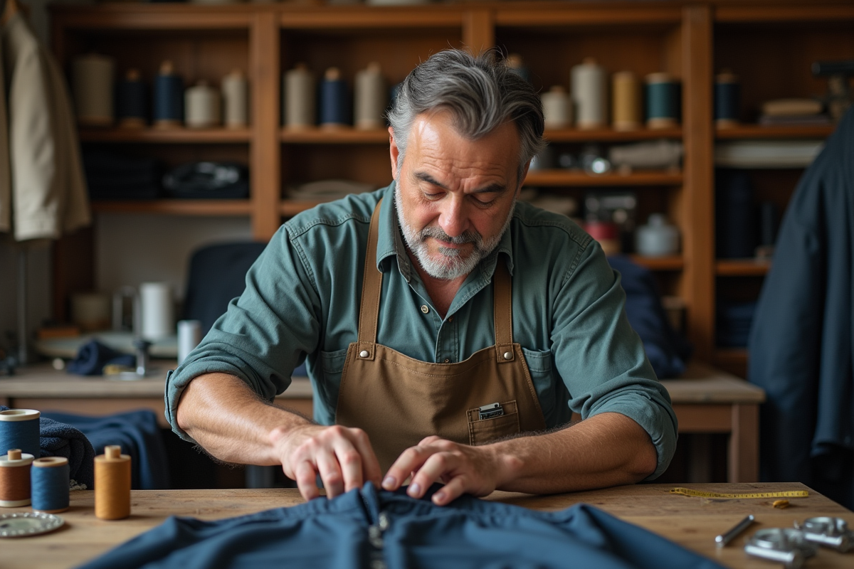 Artisan homme cousant un vêtement dans son atelier de couture