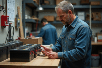 Homme d age moyen examine des packs de batteries en atelier