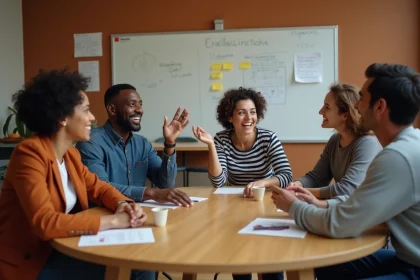 Groupe diversifié d'adultes autour d'une table en bois discutant et riant ensemble lors d'un atelier sur les stéréotypes et les clichés culturels