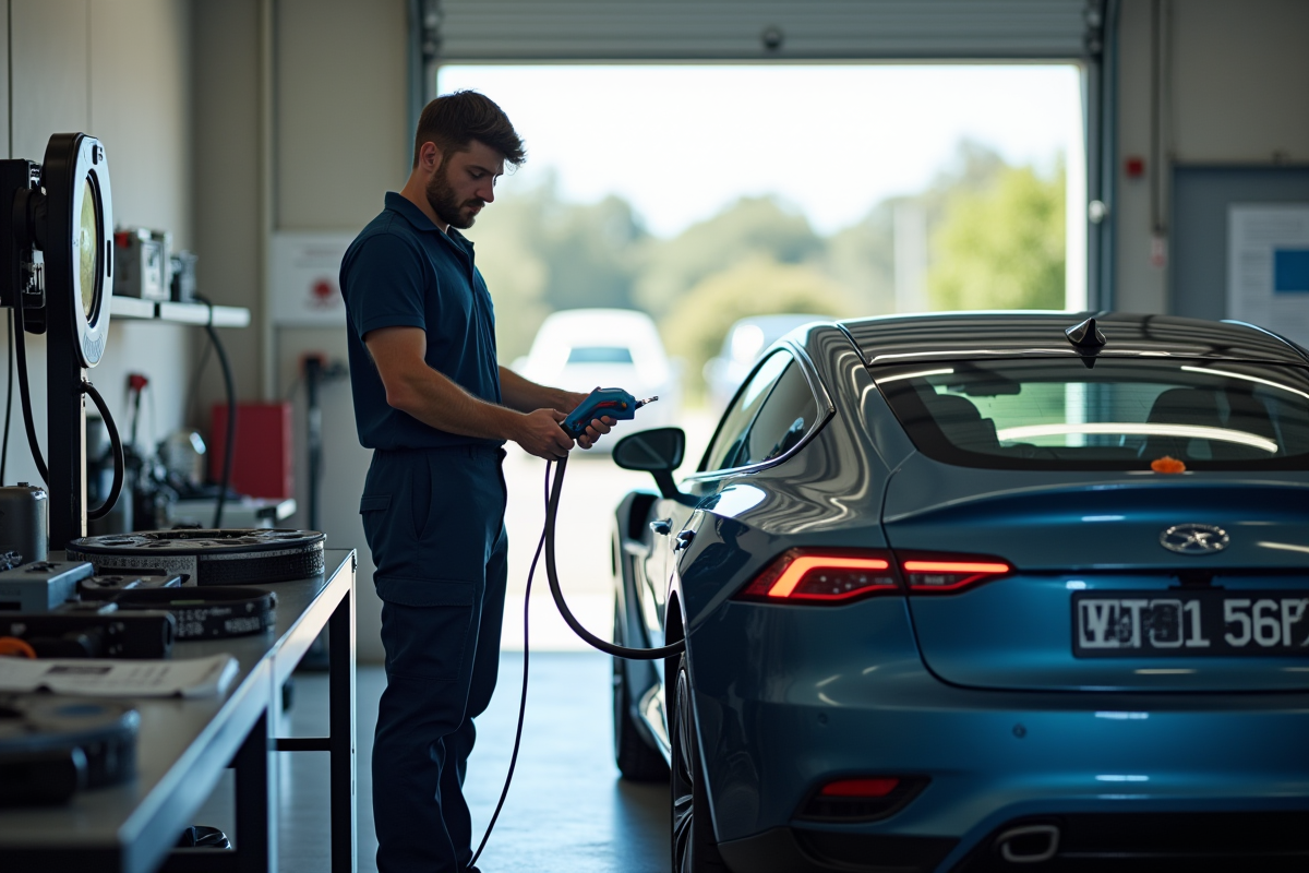Mécanicien montrant outils de recharge pour voiture hybride dans un garage lumineux