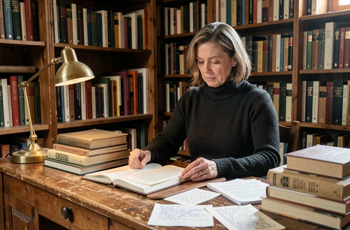 Femme auteure assise à un bureau en chêne entourée de livres d'essais annotés dans une bibliothèque personnelle