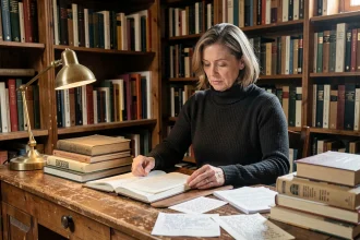 Femme auteure assise à un bureau en chêne entourée de livres d'essais annotés dans une bibliothèque personnelle