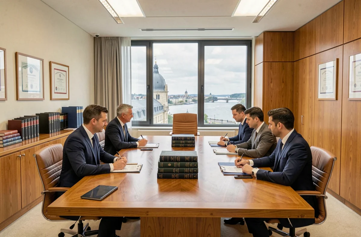 Vue d'ensemble d'un cabinet d'avocats moderne en Loire-Atlantique avec table de conférence, livres juridiques et fenêtre donnant sur Nantes