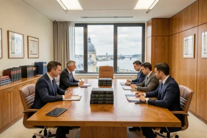 Vue d'ensemble d'un cabinet d'avocats moderne en Loire-Atlantique avec table de conférence, livres juridiques et fenêtre donnant sur Nantes