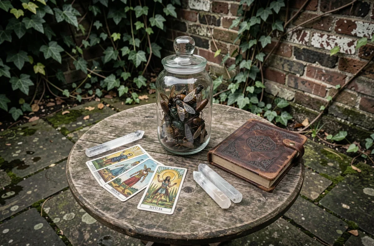 Bocal d'insectes conservés, cartes de tarot et grimoire disposés sur une table ésotérique en plein air