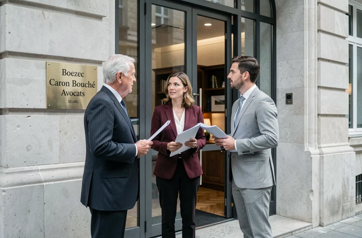 Trois avocats associés du cabinet Boezec Caron Bouché Avocats SELARL devant l'entrée de leur cabinet à Nantes