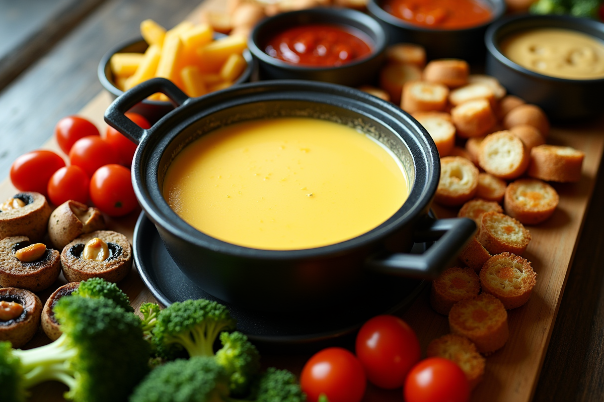 Buffet de fondue avec légumes et sauces colorées
