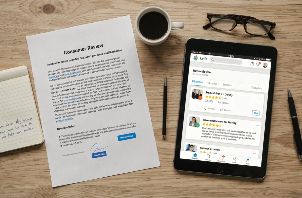 Vue aérienne d'un bureau avec rapport d'avis consommateurs imprimé et tablette affichant une plateforme de notation