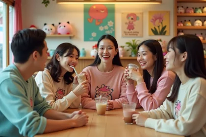 Groupe d'adultes fashion dans un café kawaii au Japon