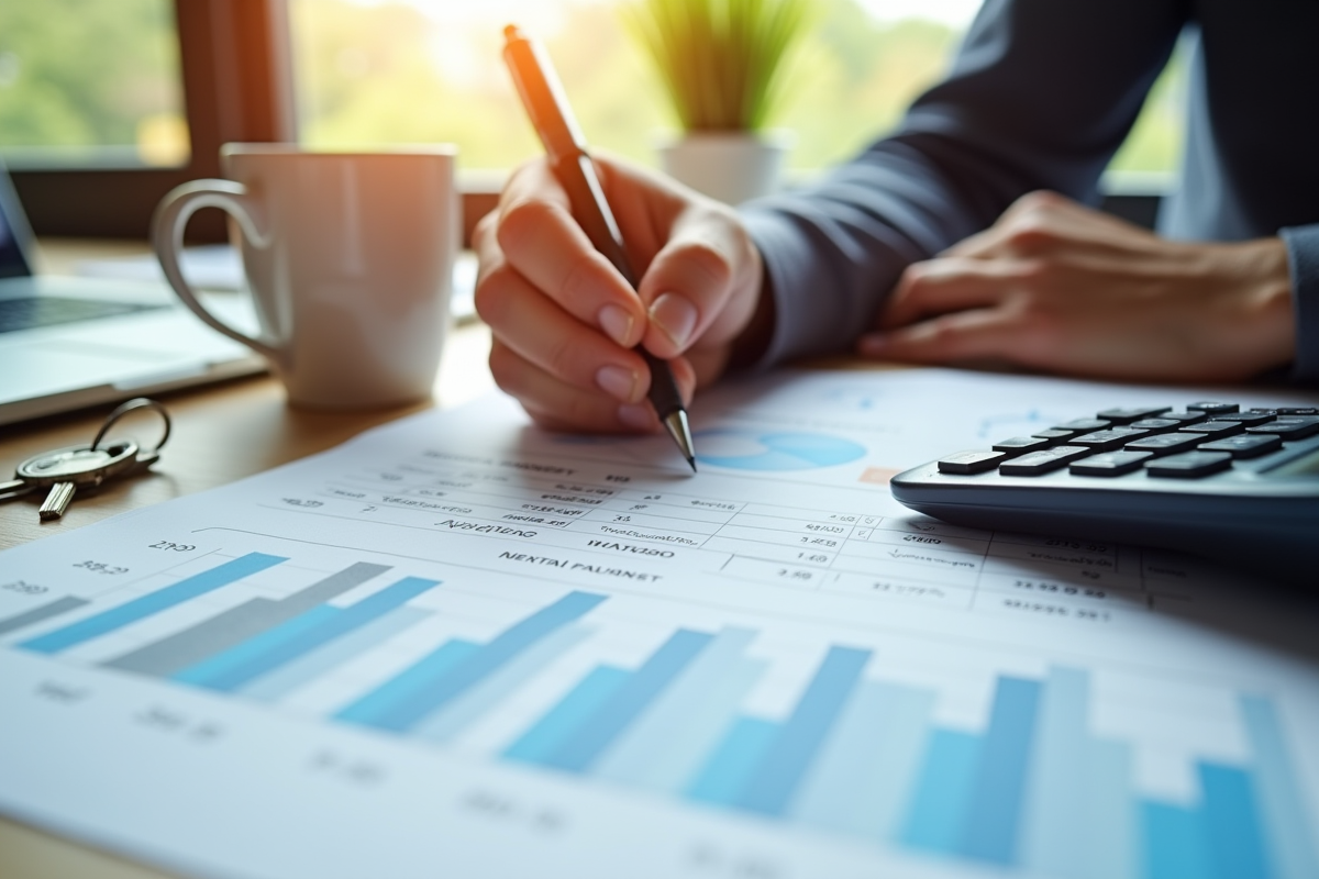 Main tenant une calculatrice et un stylo sur une feuille de location