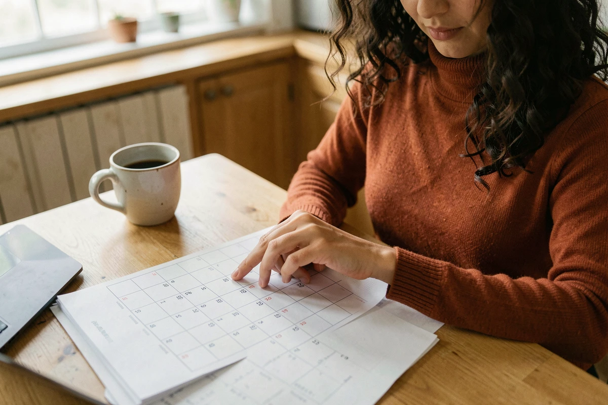 Femme consultant un calendrier papier et un ordinateur portable pour vérifier si la semaine est impaire
