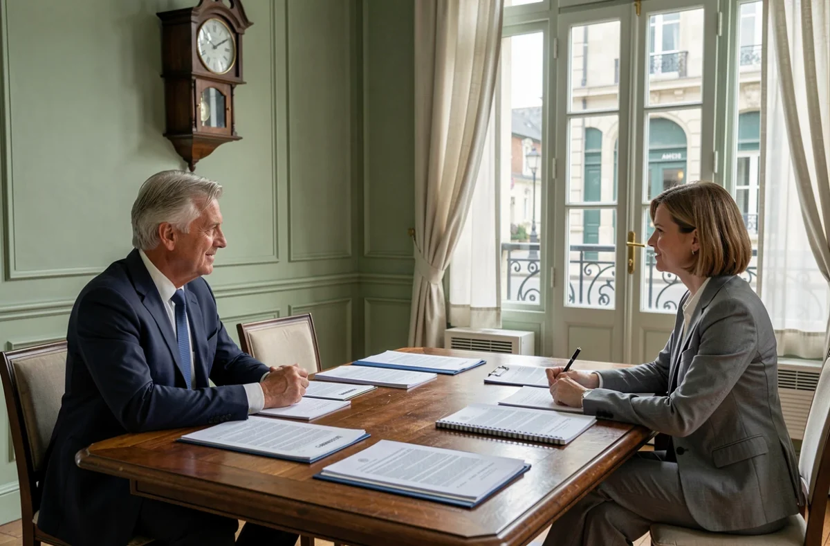 Deux avocats du cabinet Cambronne Avocats en réunion avec un client autour d'une table couverte de documents juridiques