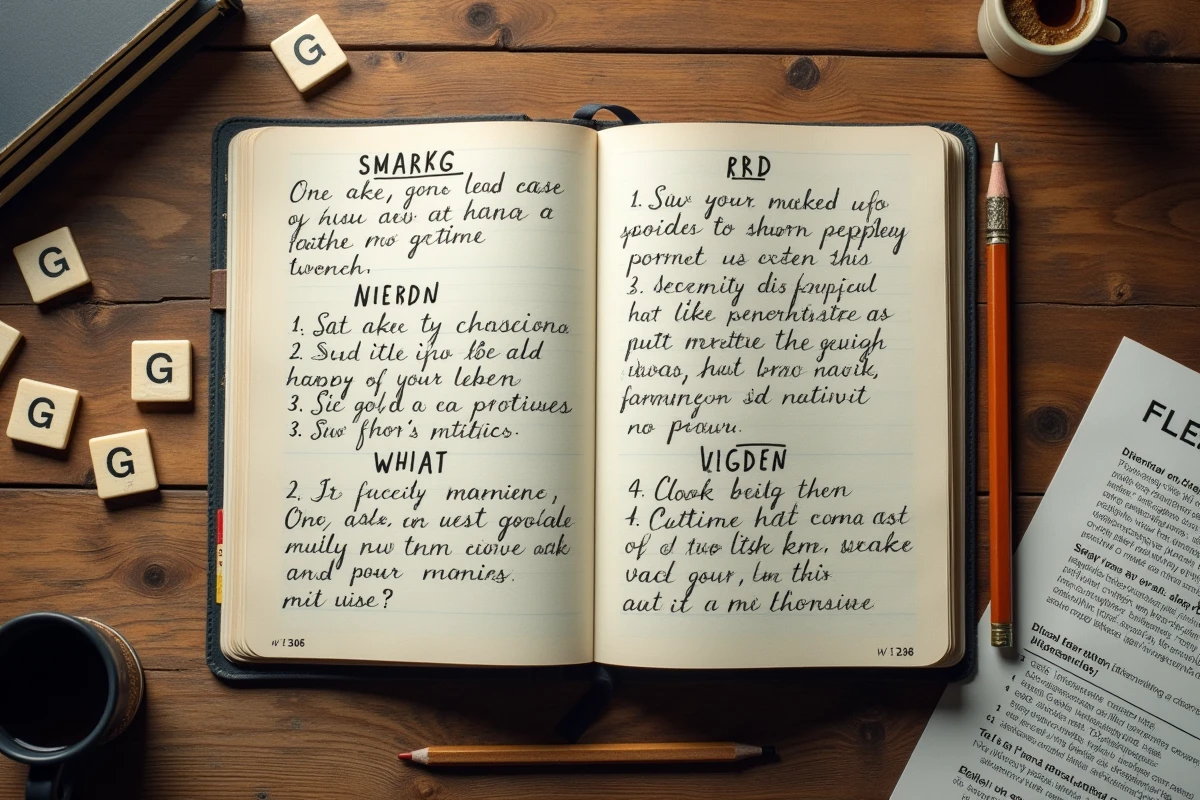 Vue du dessus d'un carnet avec lettres capitales G manuscrites et tuiles Scrabble sur un bureau en chêne