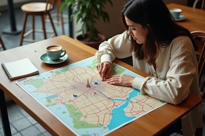Femme consultant une carte détaillée de Paris et ses arrondissements dans un café parisien