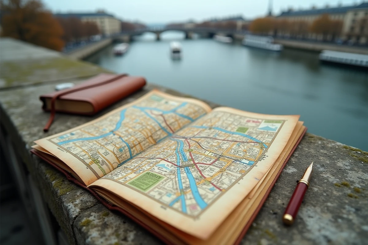 Carte de Paris dépliée sur un parapet en pierre au bord de la Seine avec vue sur les arrondissements