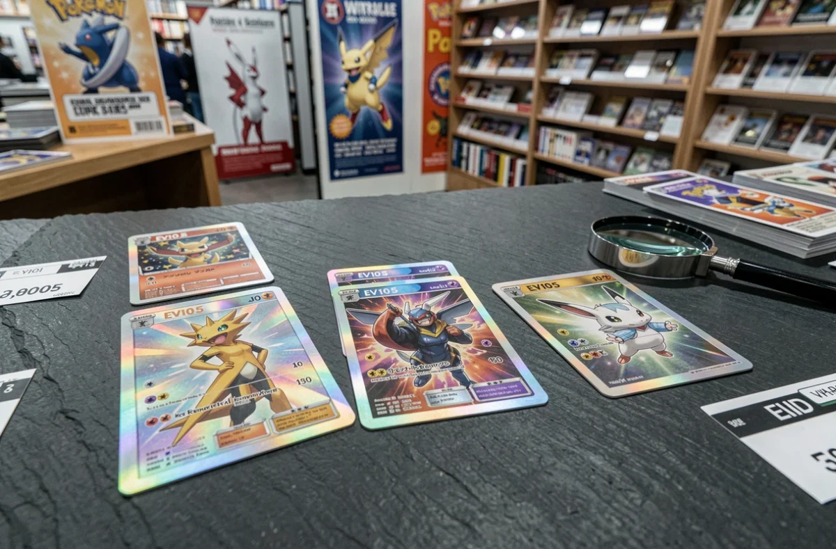 Cartes Pokémon holographiques EV10.5 sur ardoise avec étiquettes de prix, tendance hausse du marché