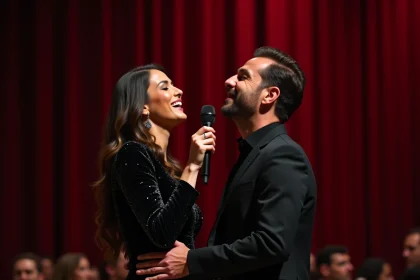 Chanteuse maghrebinne en noir lors d'un duo sur scène