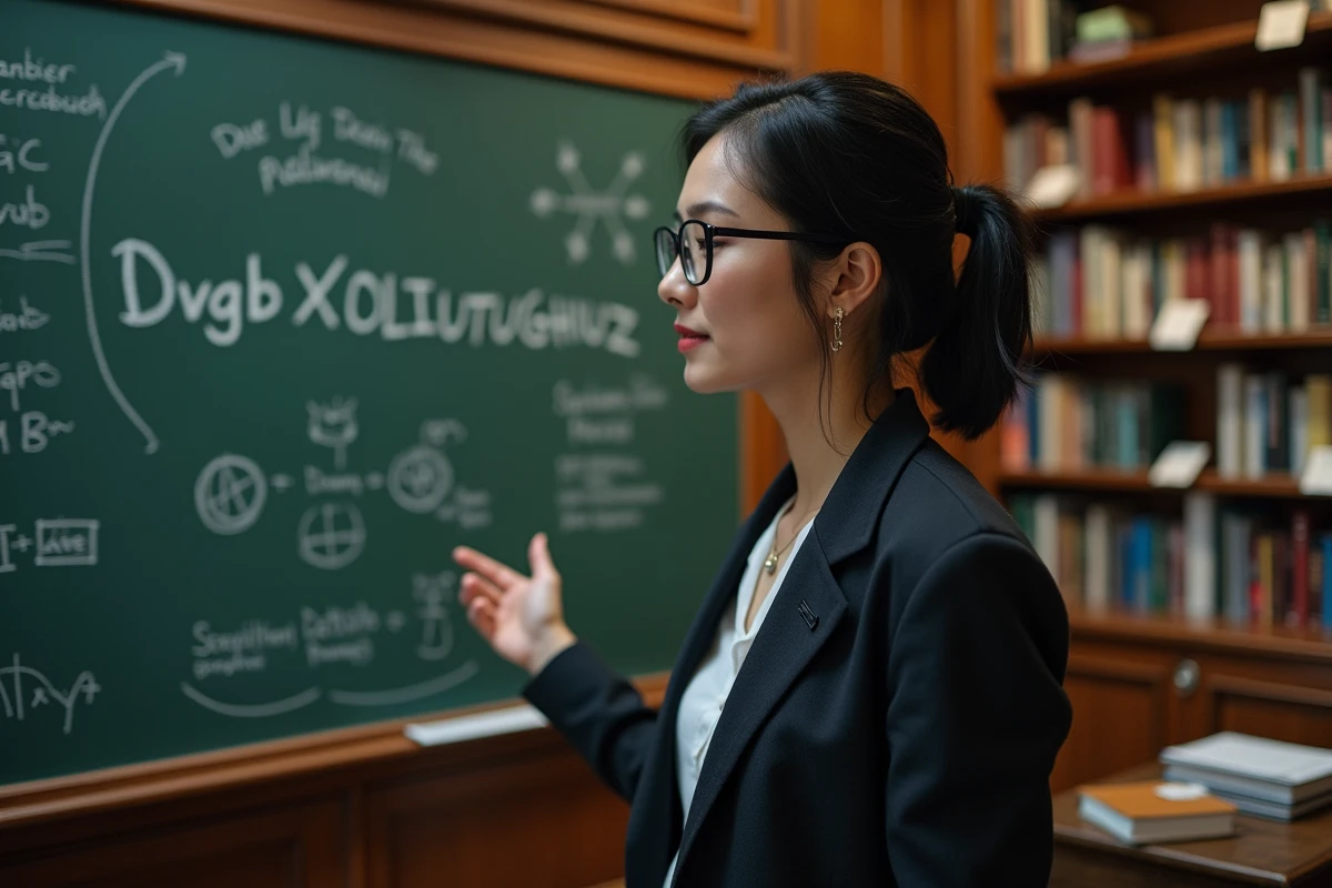 Chercheuse en sciences devant tableau avec symboles cryptiques