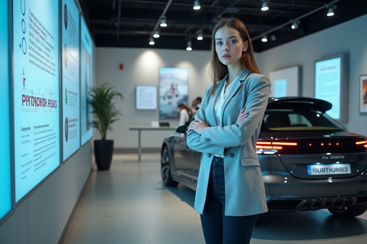 Jeune femme chercheuse près voiture hydrogene en musée