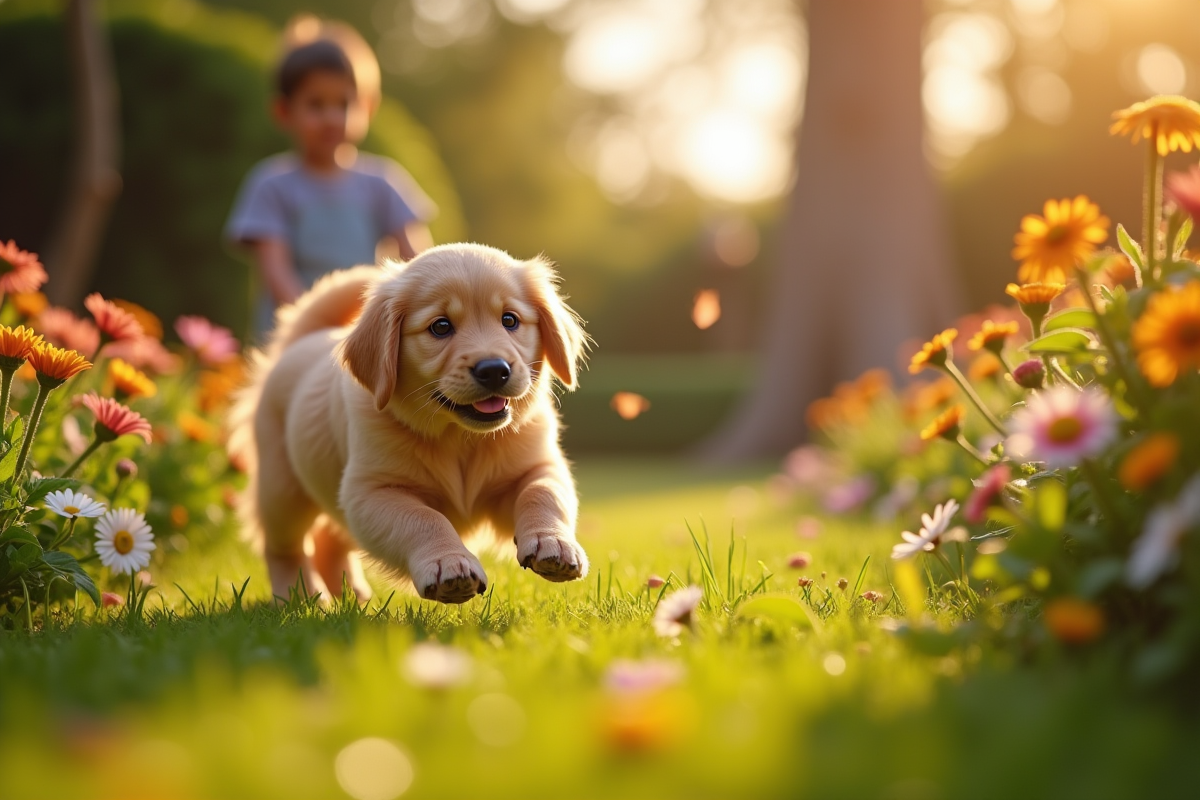 Golden retriever nain joue dans un jardin ensoleille