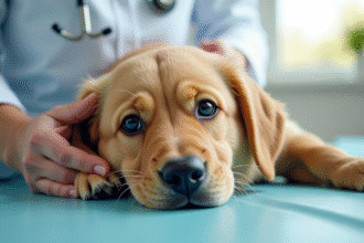 Golden retriever nain chez le vétérinaire avec un stéthoscope