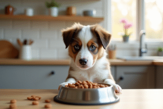 Chiot Australian Shepherd assis à la cuisine regardant la gamelle
