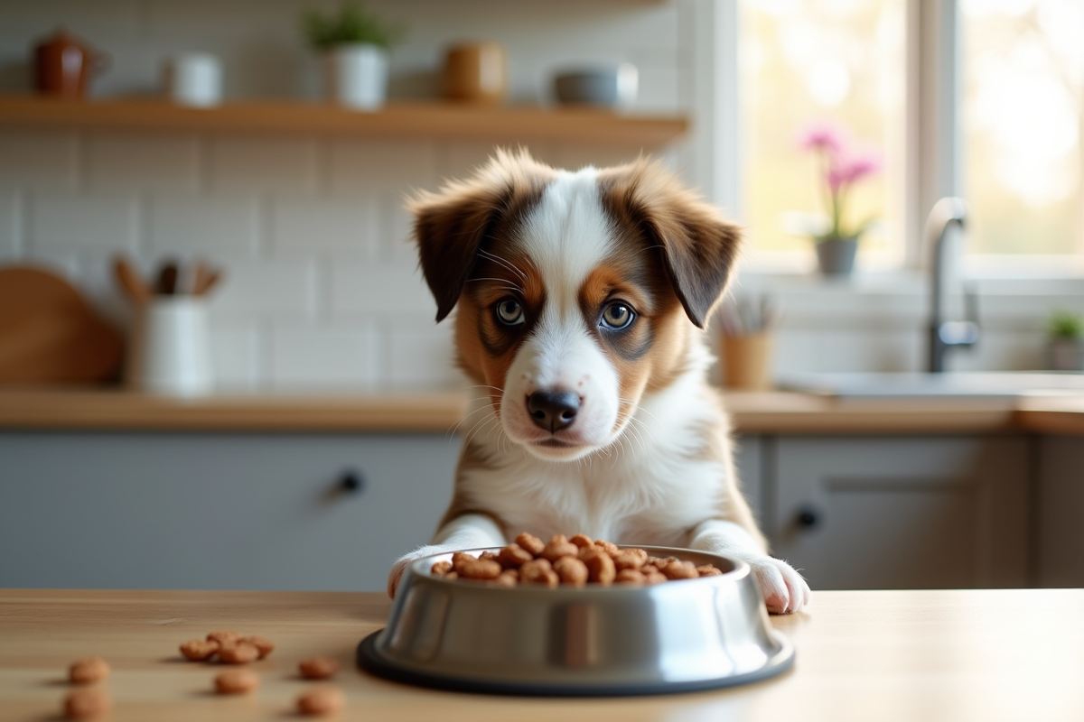 Chiot Australian Shepherd assis à la cuisine regardant la gamelle