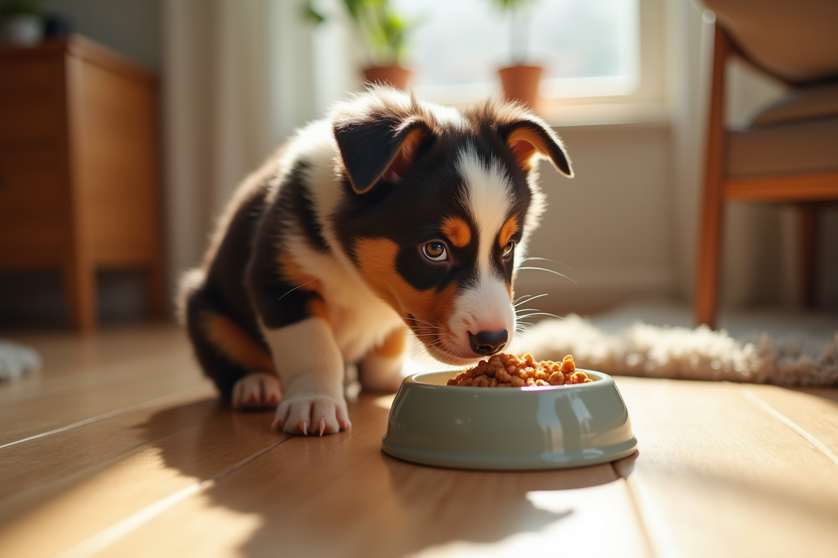 Chiot Australian Shepherd mangeant dans une gamelle en céramique