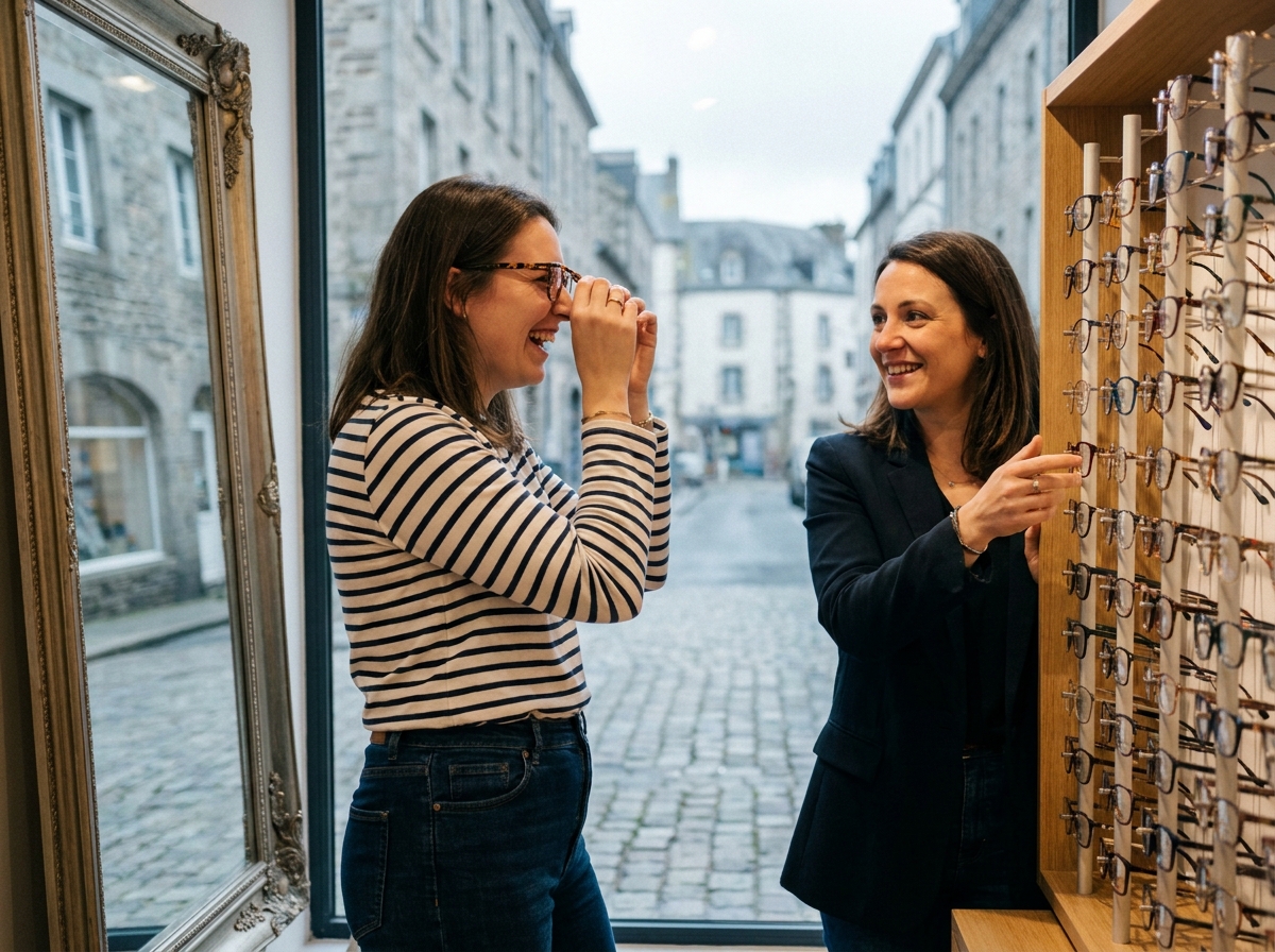 Jeune femme essayant des montures de lunettes avec l'aide d'une opticienne dans une boutique d'optique à Brest