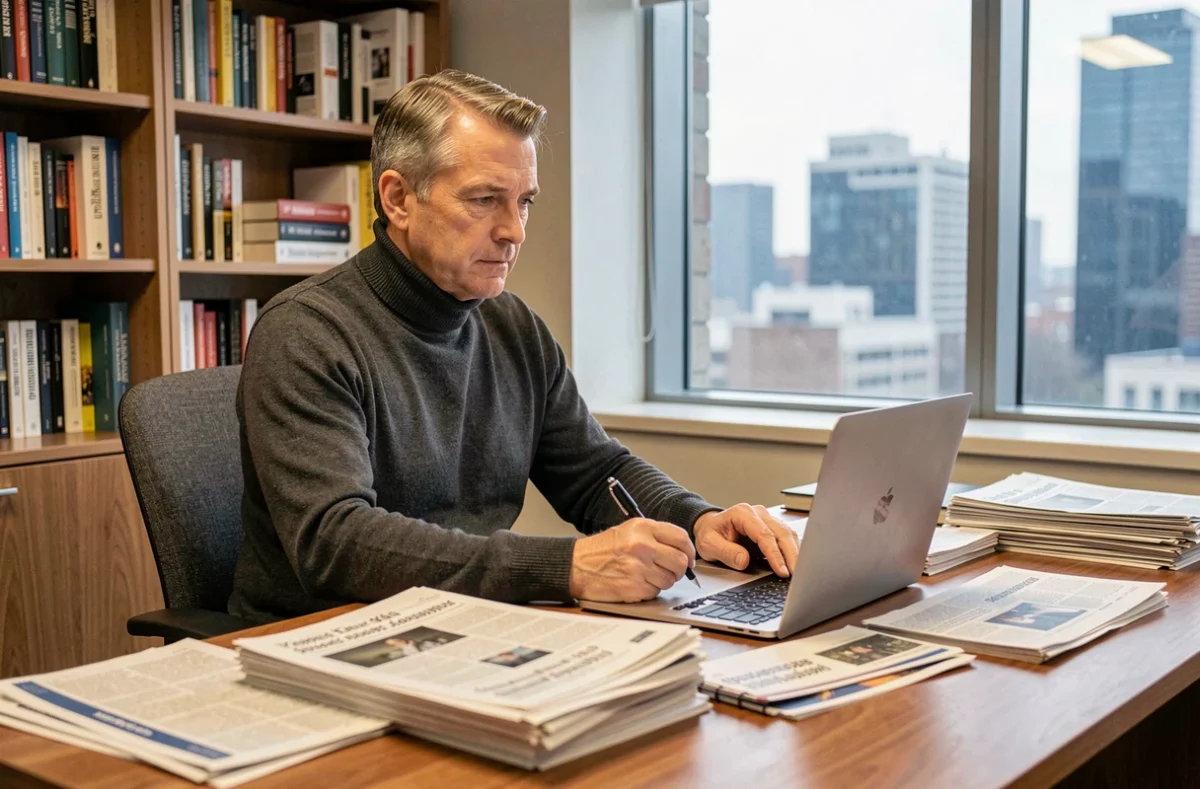 Chroniqueur économique français travaillant dans un bureau éditorial entouré de journaux et d'un ordinateur portable
