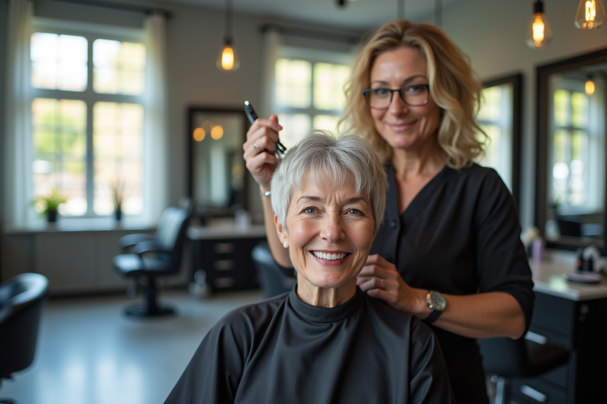 Coiffeur professionnel stylisant la coupe courte d une femme âgée dans un salon moderne
