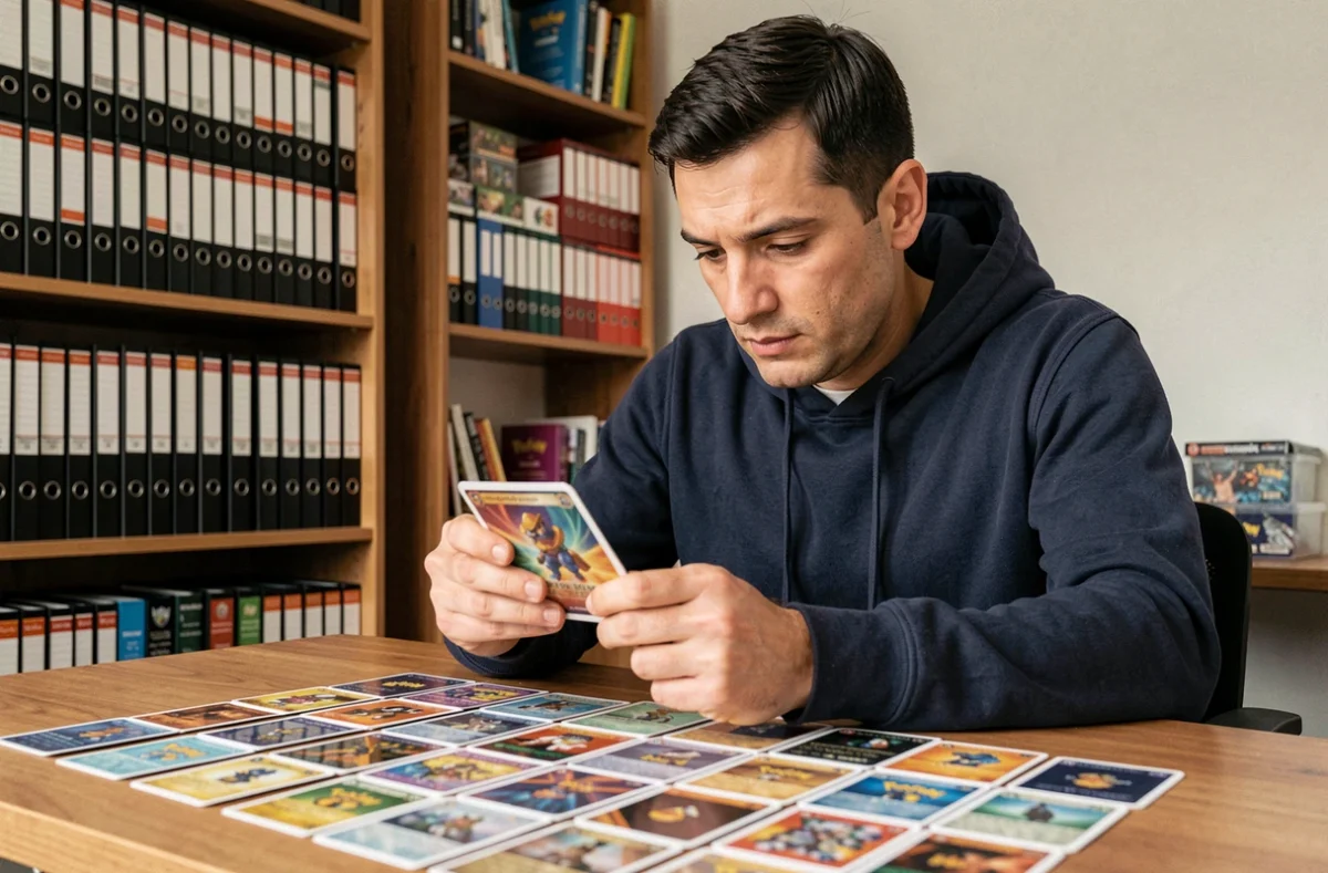 Collectionneur analysant des cartes Pokémon rares sur une table en bois, indice de hausse des prix EV10.5